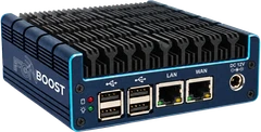 FGN Boost Headend Server, front three-quarter view: navy fanless chassis with FGN Boost marking, four USB ports, LAN and WAN ports and a 12 V DC input.