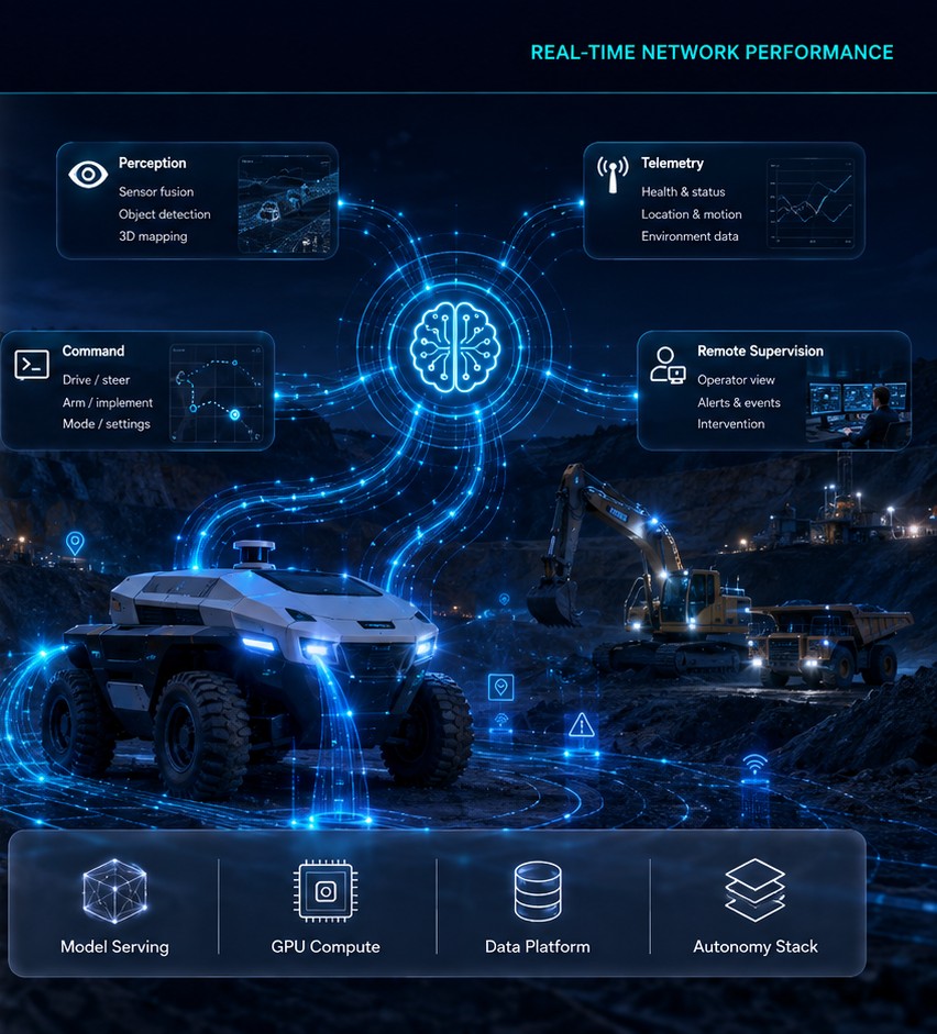 Illustration of autonomous machines exchanging telemetry, decision support and command traffic across a network.