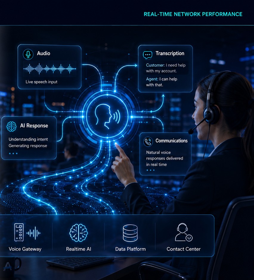 Illustration of a voice AI exchange showing audio input, response generation and delivery back to the caller.